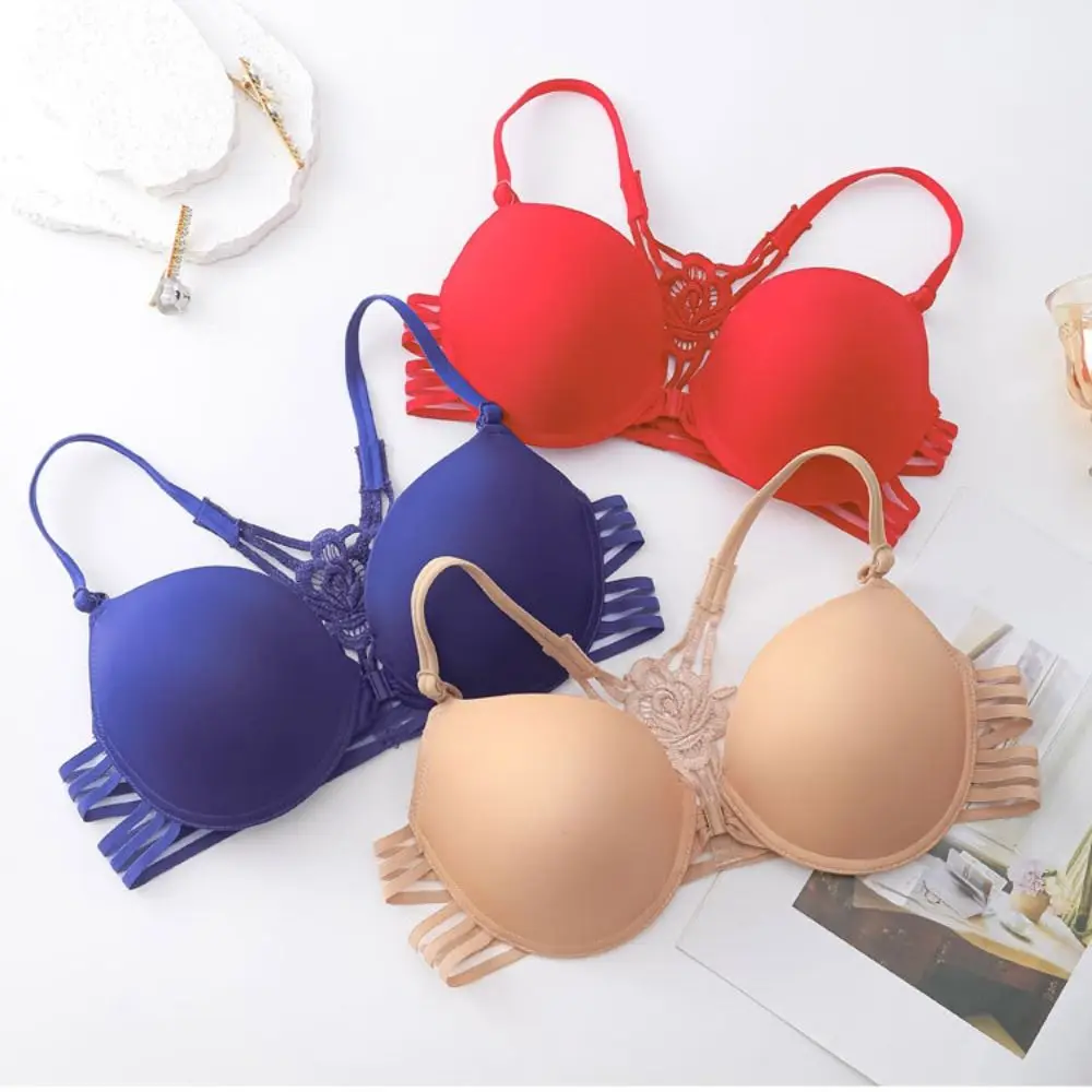 Sweet Front Button Lace Bra Women 3/4Cup Beautiful Back Push Up Bra Flower Underwear Wireless Deep V Bra Women