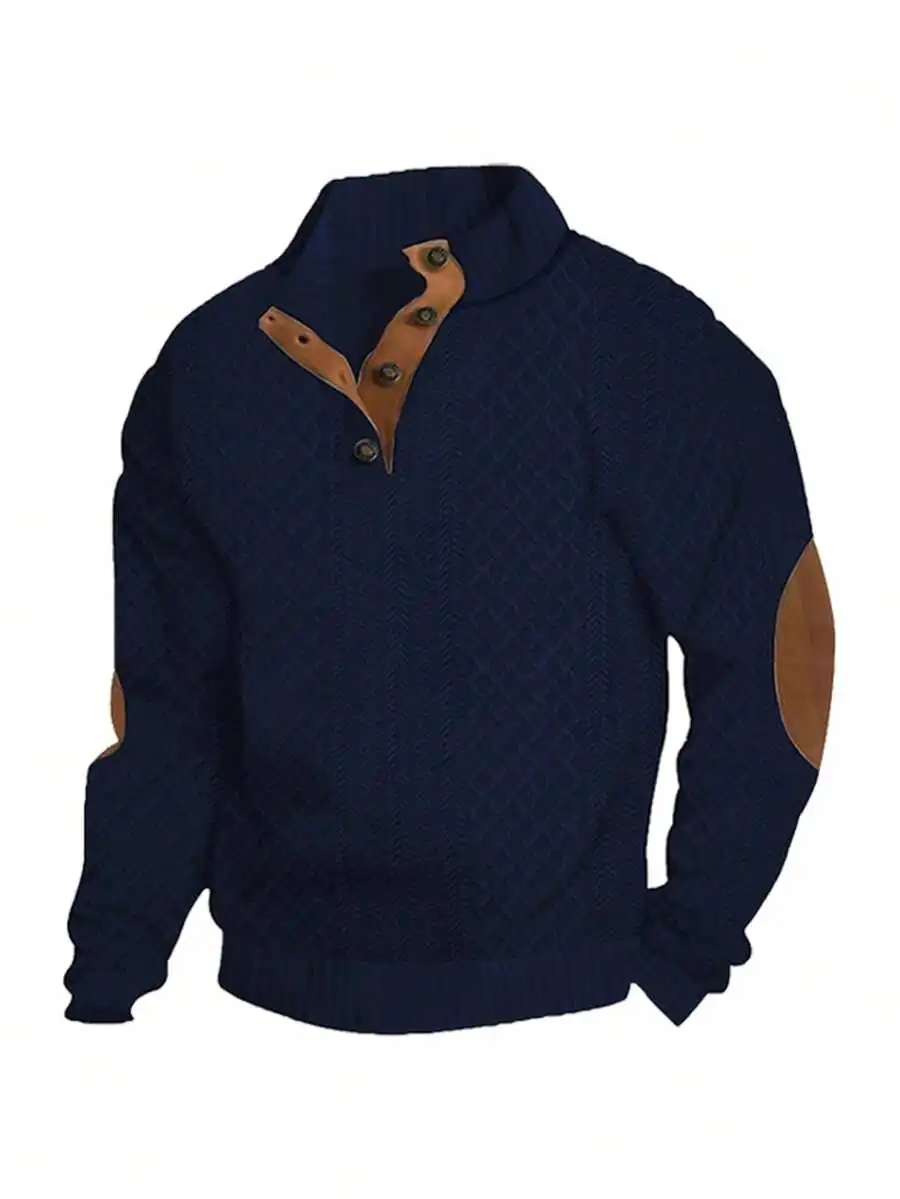 

Men's Navy Blue Half-Zip Jacquard Knit Henley with Contrast Elbow Patches