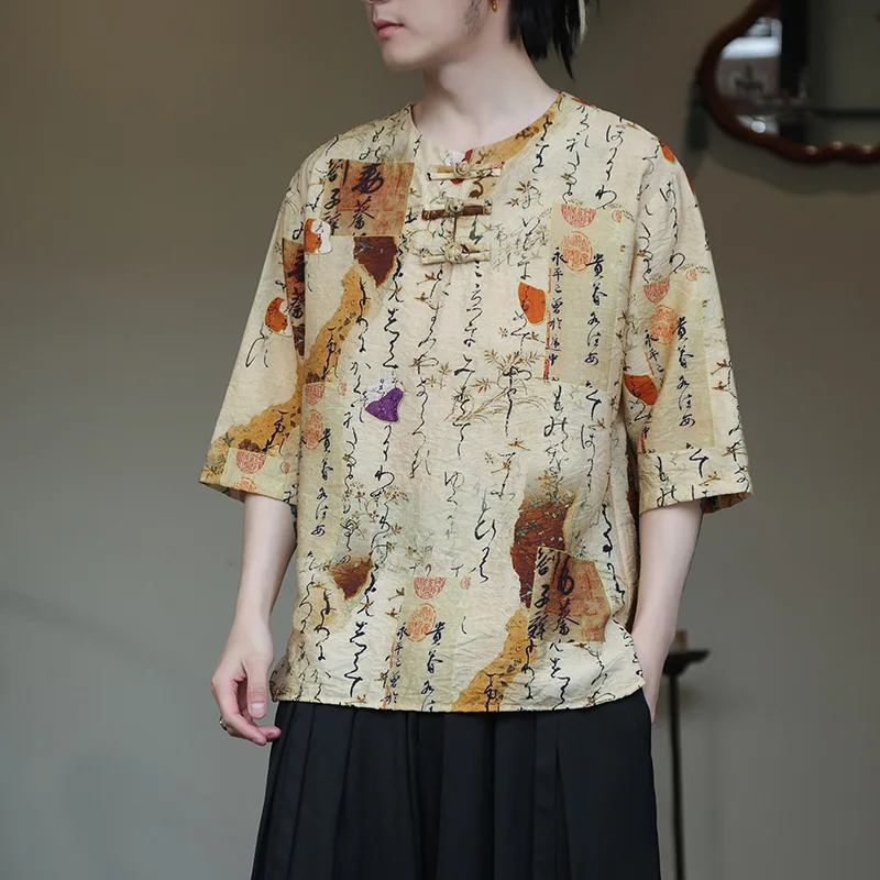 

Новая летняя футболка с принтом кунг-фу в китайском стиле, мужская футболка в стиле ретро в стиле Тан с короткими рукавами и рукавами «пять четвертей»