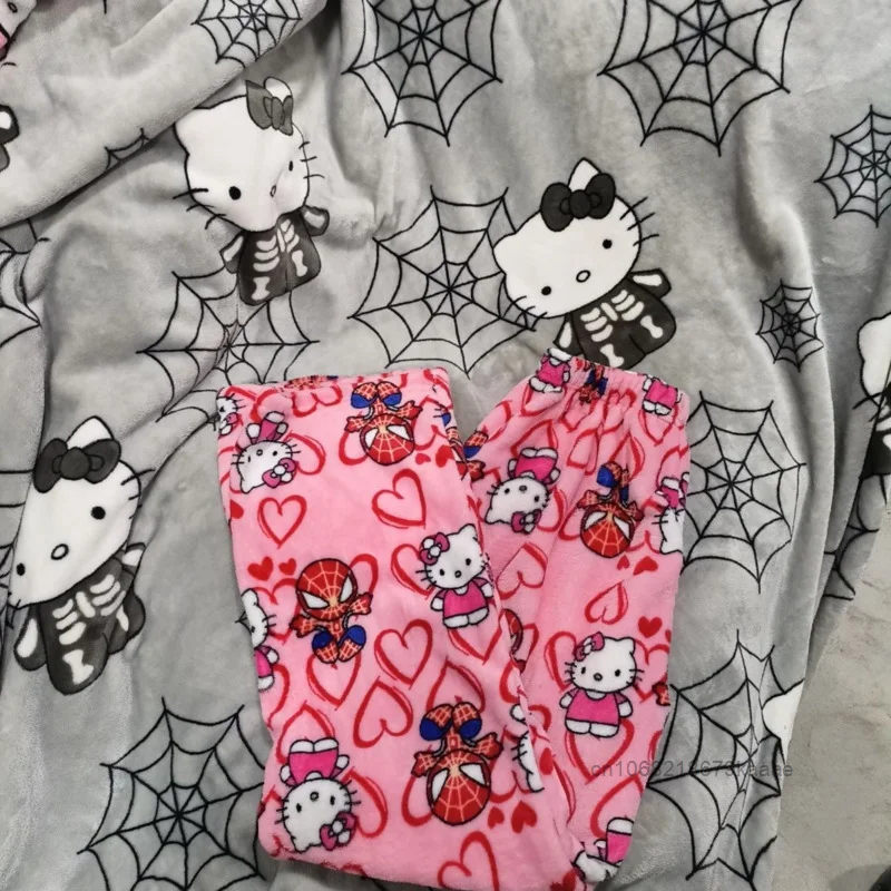 Sanrio Hello Kitty Spider Man Cartoon Flannel Sleep Pants Fashion Loose Straight Tube Pants New High Waist Thick Pajama Pants ﻿