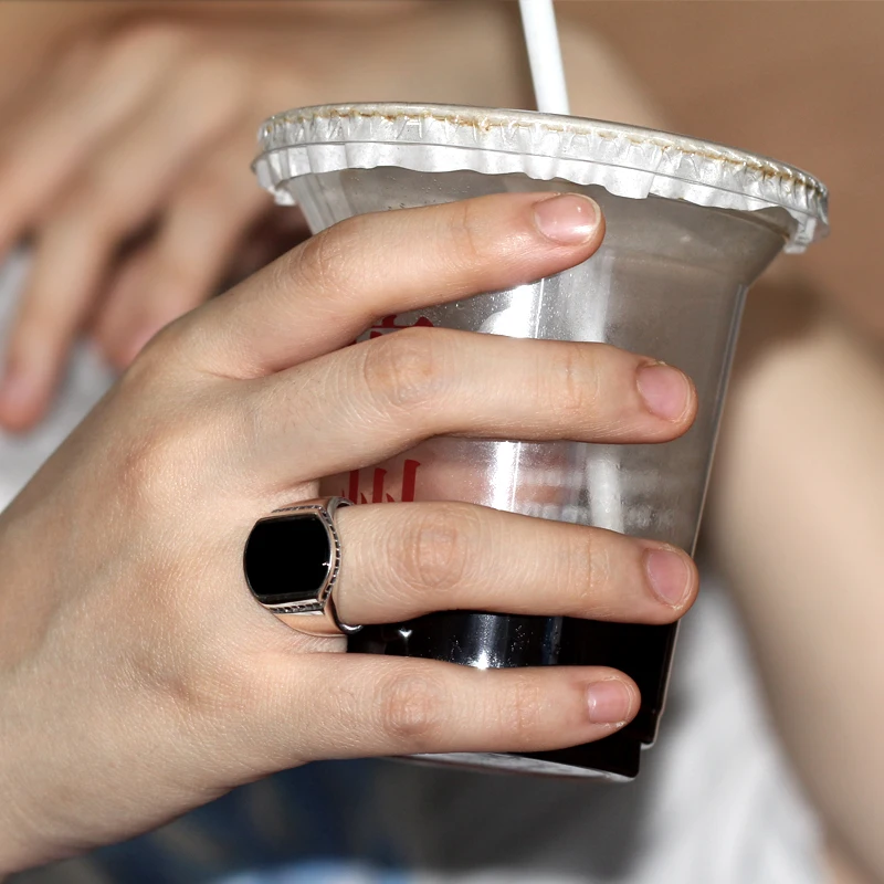 مضمونة 925 خاتم فضة Türkiye خاتم الرجال مربع أسود الحجر الطبيعي تصميم بسيط هدية العقيق النساء الدائري #3