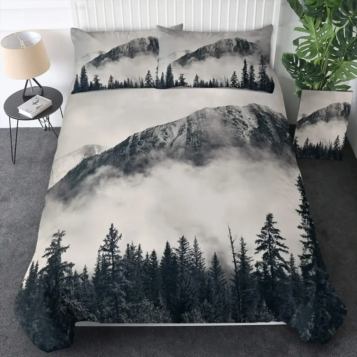 Smoky Mountain Duvet Cover Set Misty Forest Bedding Set Full Queen Size Grey Trees Natural Scenery Art Comforter Cover 2/3pcs