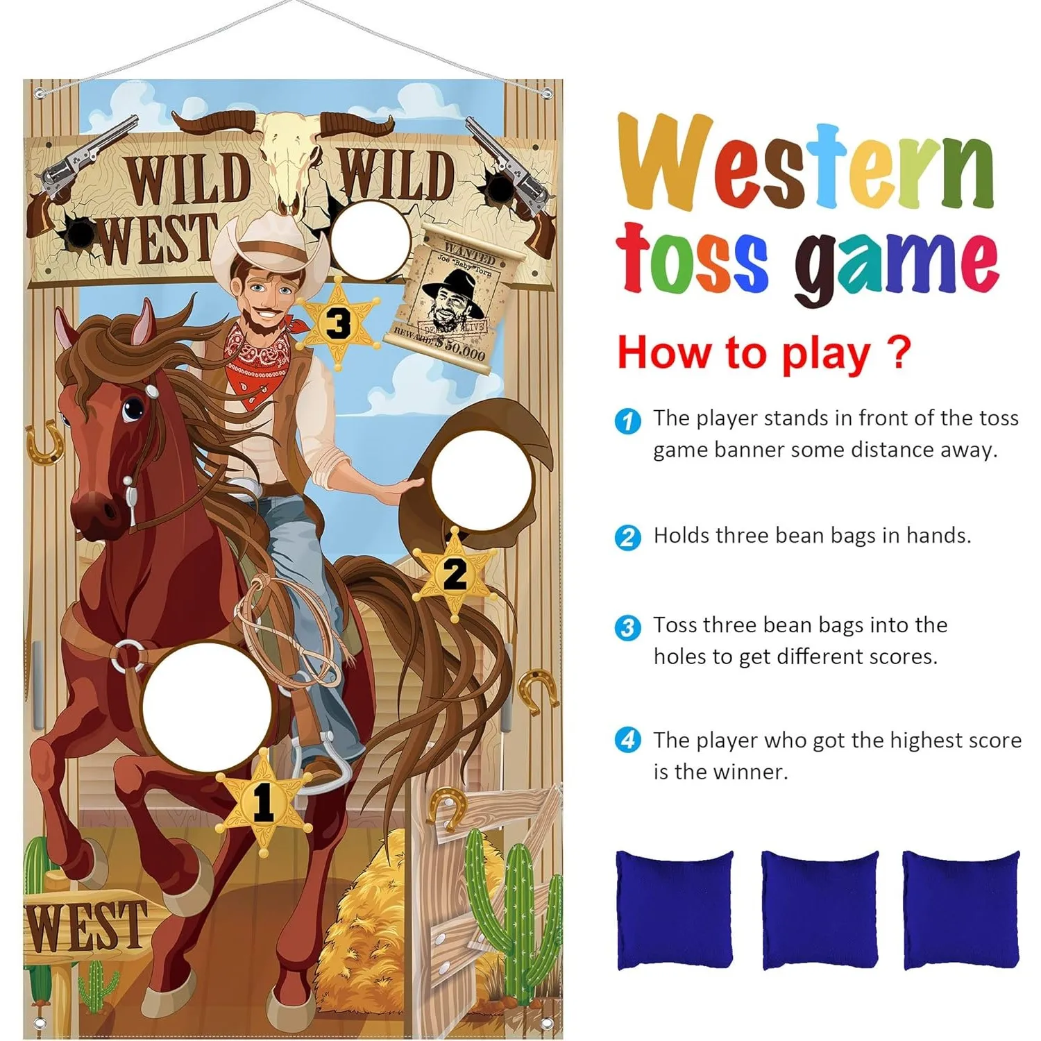 1set Western Party Cowboy Toss Games Banner With 3 Sandbags, Fun Western Game For Western Themed Activities Western Cowboy Decor