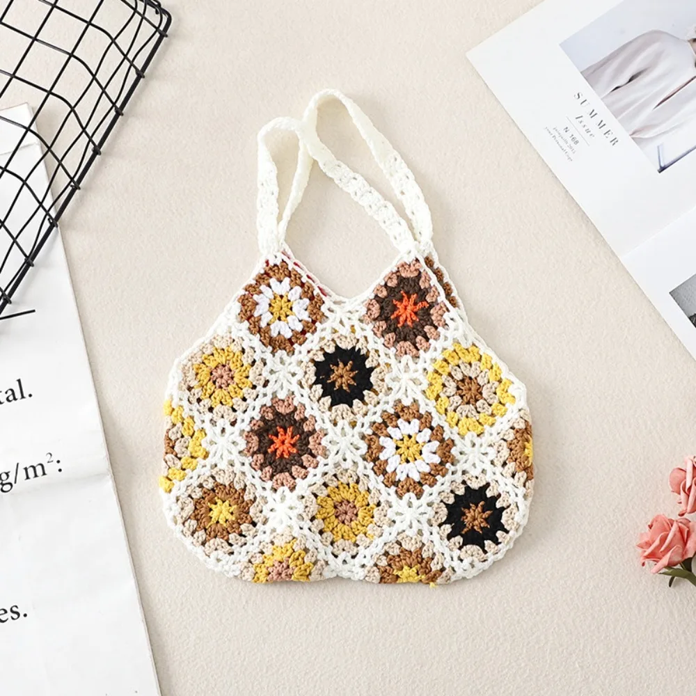 Women Tote Bag Floral Crochet Large Capacity Knitted Bag Trendy Handmade Cut-out Boho Bag Vintage Multicolor Hollow Out Handbag