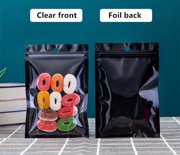 100PCS Flat Glossy Aluminum Foil Ziplock Visible Bag Clear Front Coffee Sugar Snack Chocolate Biscuit Dried Fruits Zip Pouches