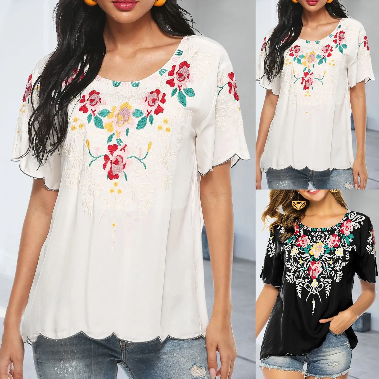 Women\'s Mexican Embroidered Tops Bohemian Style V-neck Peasant Summer Half Sleeve Shirt Boho Tunic Blouses Hippie Clothes Female