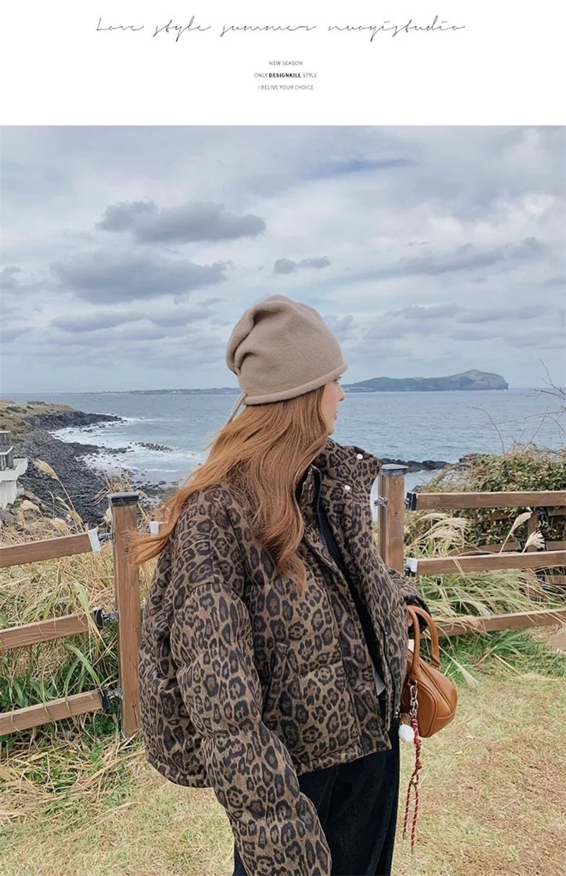 Leopard print down cotton jacket short style 2026 new winter fashion loose and thick stand up collar bread jacket