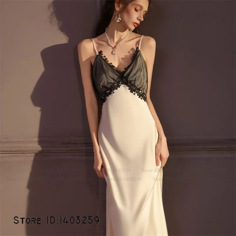 Elegant Satin Female Long Robe Set Nightgown Sexy Lace Lingerie Nightdress Spring Summer New Sleepwear Homewear Loose Loungewear 4