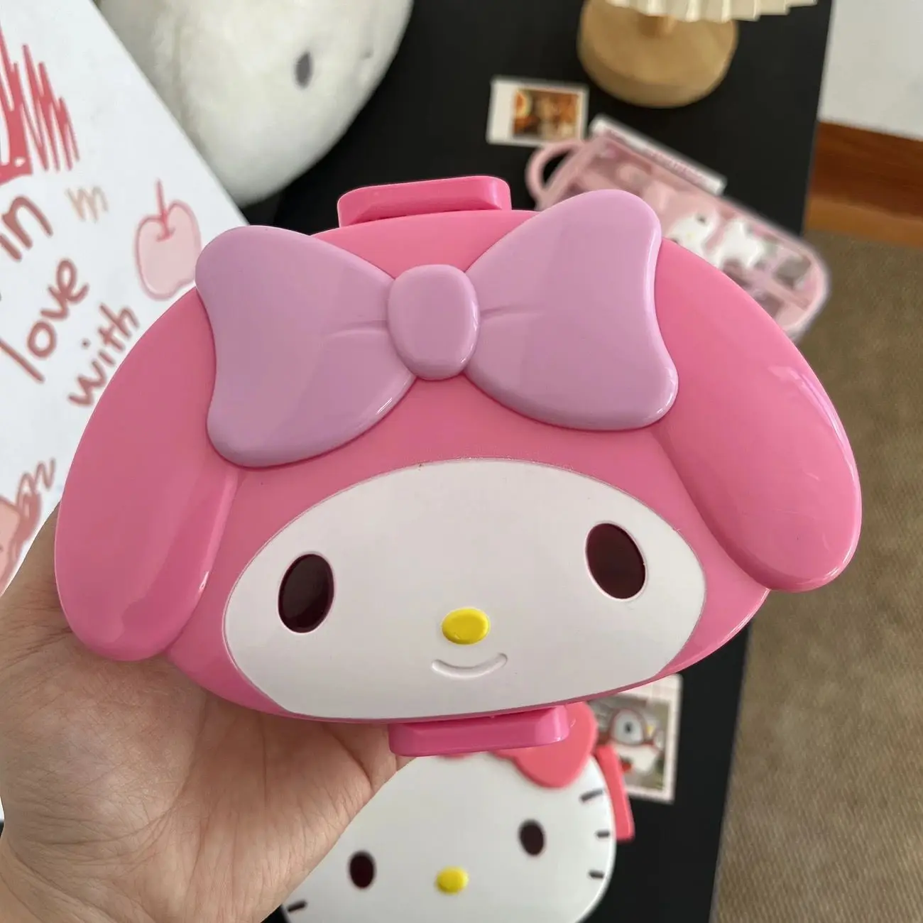 Lonchera Bento de Anime Hello Kitty My Melody, Estilo Japonés, Portátil, con Juego de Palillos, Cuchara y Tenedor, Oficial de Sanrio, Linda