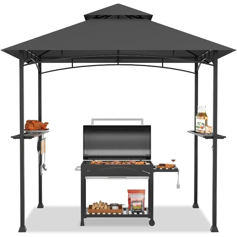 home.8x5 Ft Grill Gazebo, Double Tiered Outdoor BBQ Gazebo with 2 Side Shelves, 5 Hooks, Bottle Opener, Barbecue Grill Gazebo