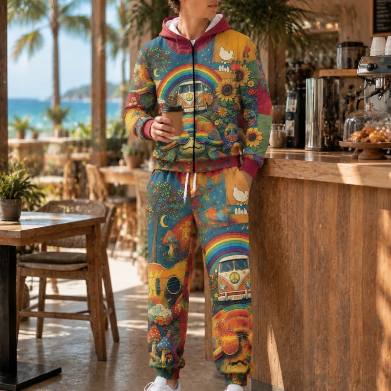 Conjunto de chándal de 2 piezas para hombre, estilo hippie, con estampado psicodélico de arcoíris, motivos de paz, hongos y flores, sudadera con cremallera y pantalones deportivos, ideal para un estilo urbano.
