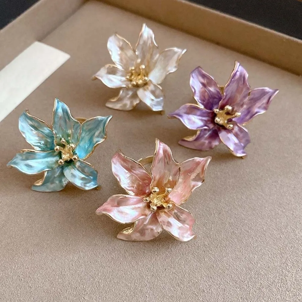 Three Dimensional Tulip Rings Pastel Pink Glossy Finish Enamel Finger Jewelry Lightweight Exquisite Lilium Flower Rings