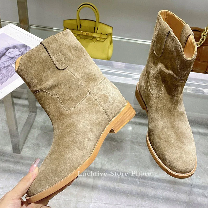 Winter Classic Chelsea Boots for Woman Real Suede Round toe Wedges heel Ankle Boots Simple Comfortable Cowboy Boots female