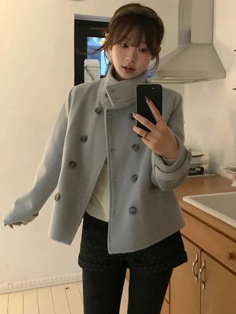 معطف نسائي من تويد جايت بلون نقي من College Sle معطف شتوي مزدوج الصدر مقاس صغير ملابس تريكو غير رسمية #2