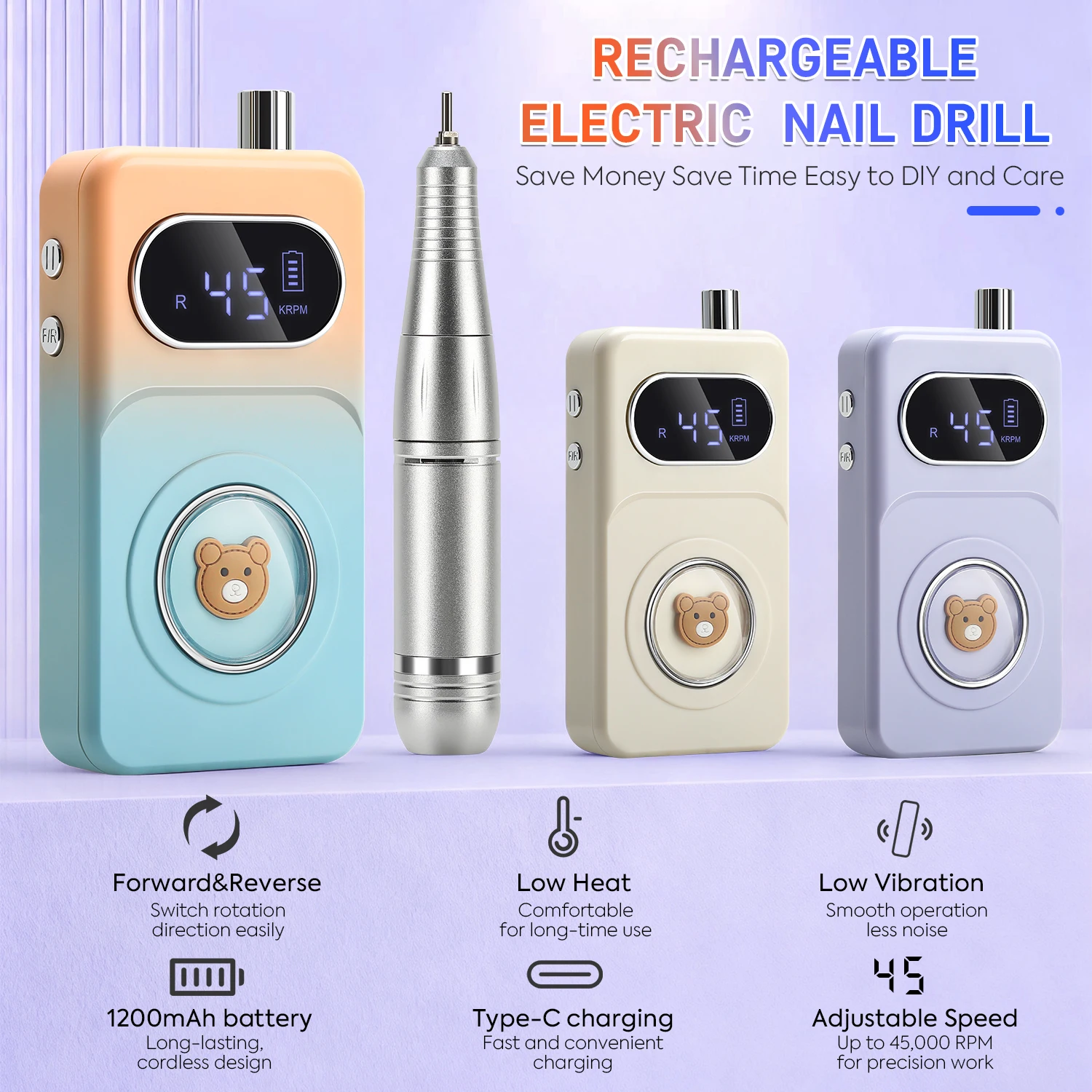 45000rpm profissional recarregável elétrica máquina de broca do prego portátil sem fio arquivo de unhas para unhas de gel acrílico remover