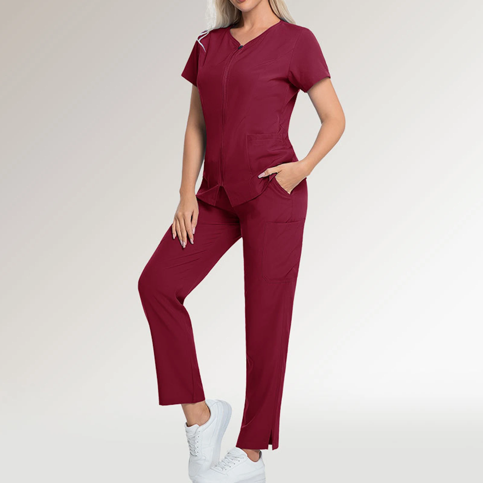 Conjunto de enfermeira feminina, cor sólida, manga curta, calças compridas, uniforme médico com vários bolsos, roupa de trabalho para cuidados de saúde