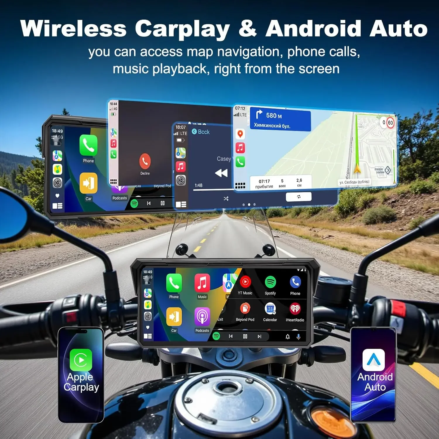 8.1 inch Motorcycle DVR 4K+1080P Dual Lens Moto GPS Navigation IPX7 Waterproof IPS Display Wireless CarPlay and Android Auto