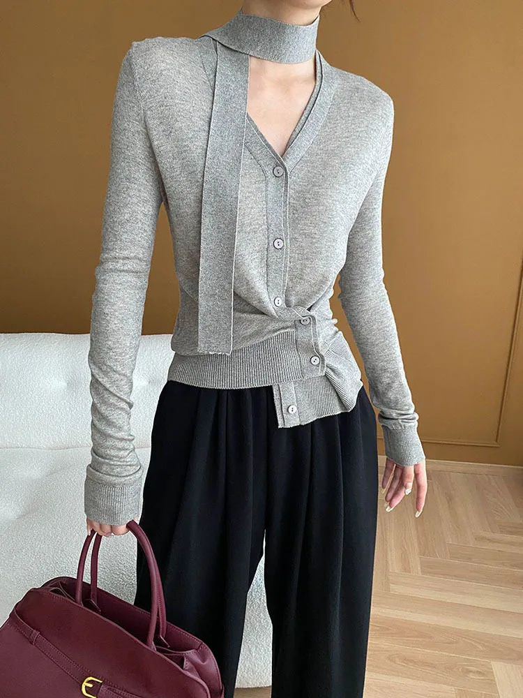 [EAM] Gray Ribbon Elegant Irregular Knitting Cardigan Sweater V-Neck Long Sleeve Women New Fashion Spring Autumn 2024 1DH6855