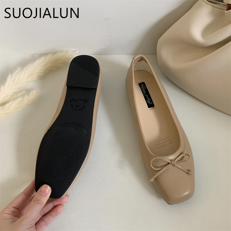 SUOJIALUN 2023 New Women Flat Shoes Fashion Square Toe Shallow Slip On Ladies Casual Ballet Shoes Soft Leather Outdoor Loafers S