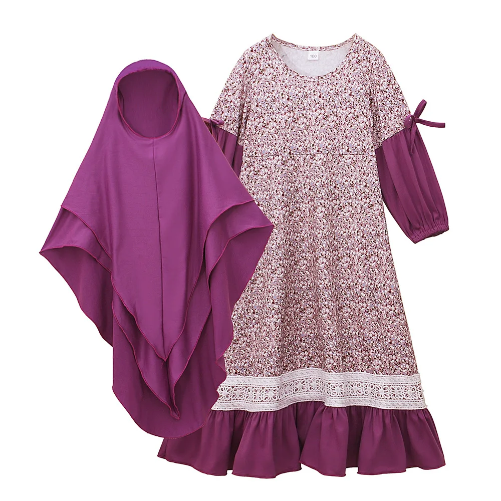 Muslim Abaya Robe and Headscarf Set for Girls Kids Hijab Prayer Dress Khimar Burqa Kaftan Children Gown Islamic Outfits Jalabiya