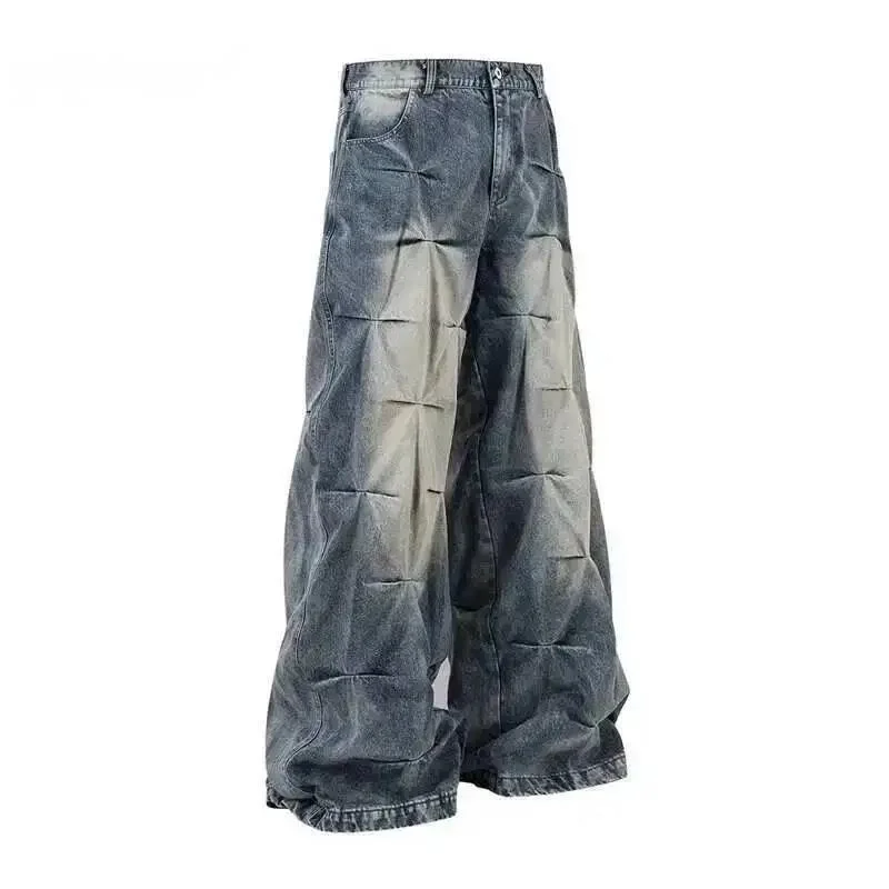 Colorblock Washed Fold Spliced Design Blue Wide Leg Jeans Men's 2026 New Casual Straight Distressed Denim Trousers 2IWD0