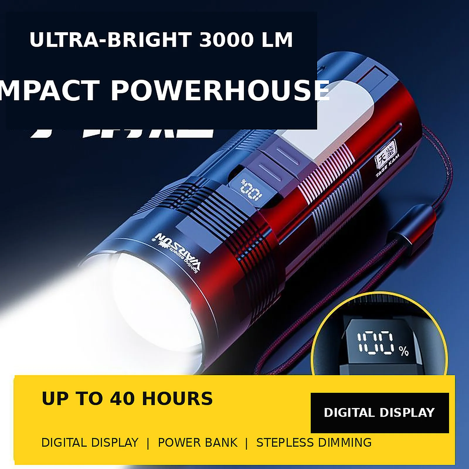 WARSUN SP07S White Laser Flashlight, Ultra-Bright Rechargeable Portable Searchlight for Hiking, Camping and Outdoor Use