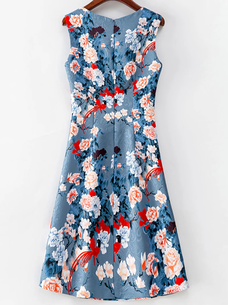 Vestido acampanado con estampado de flores para mujer, vestidos informales sin mangas con cuello redondo y pájaros