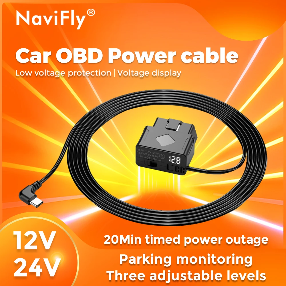 

NaviFly Car OBD Power cable Type-c Parking monitoring Low Voltage Protection Support 12V/24V Car 20Min timed power outage