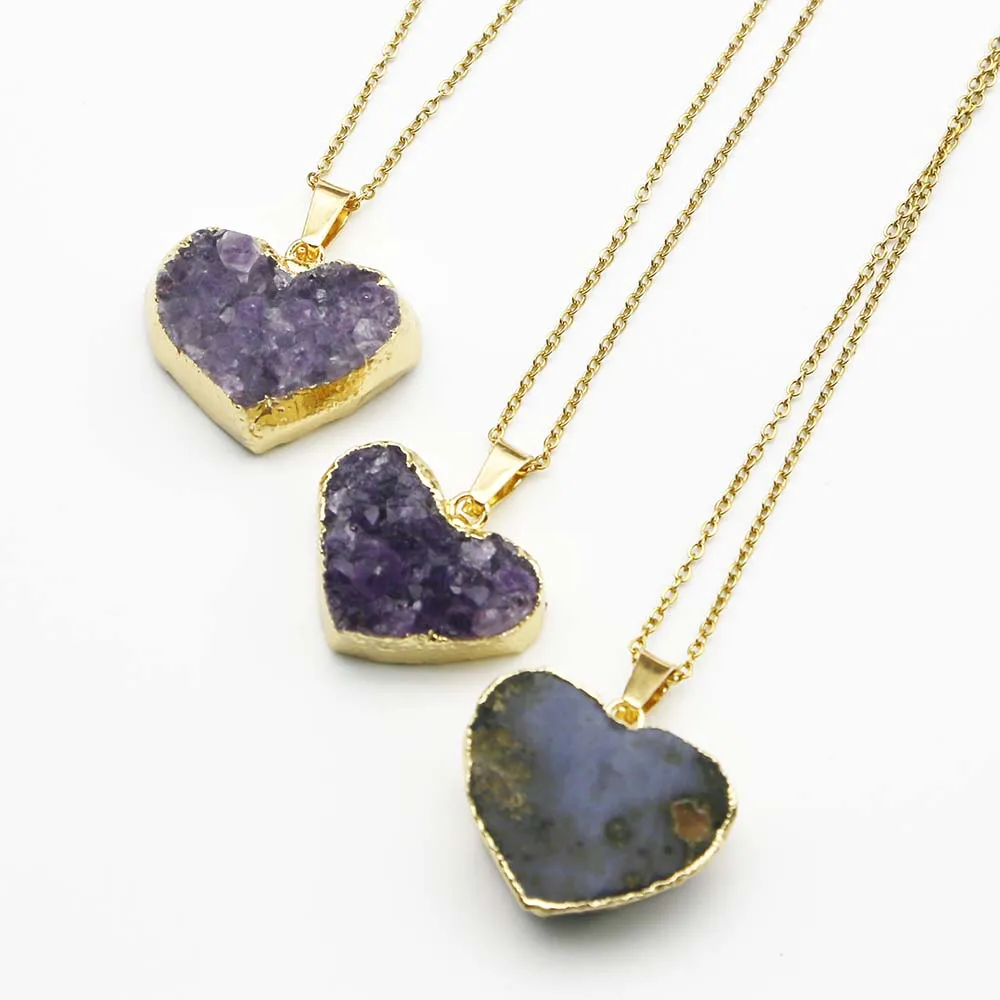 Natural Stone Amethyst Gold-edged Heart Pendant Stainless Steel Gold Chain Necklace Charm DIY Jewelry Accessories Wholesale 4Pcs