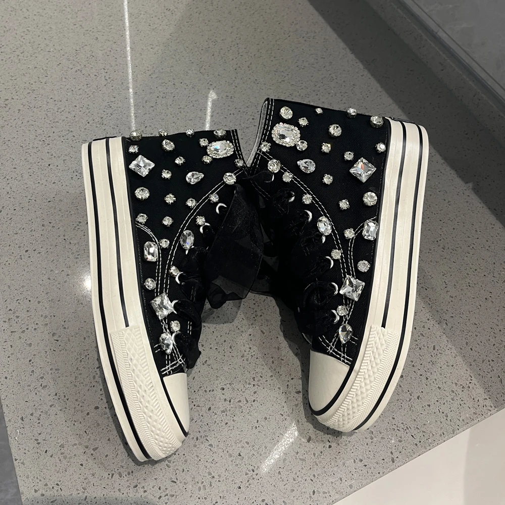 Women Sneakers Crystals Rhinestone Hand Sewed Sticky Black Inner High 5cm High Top Lace-up Strap Lovely Spring Canvas Shoes