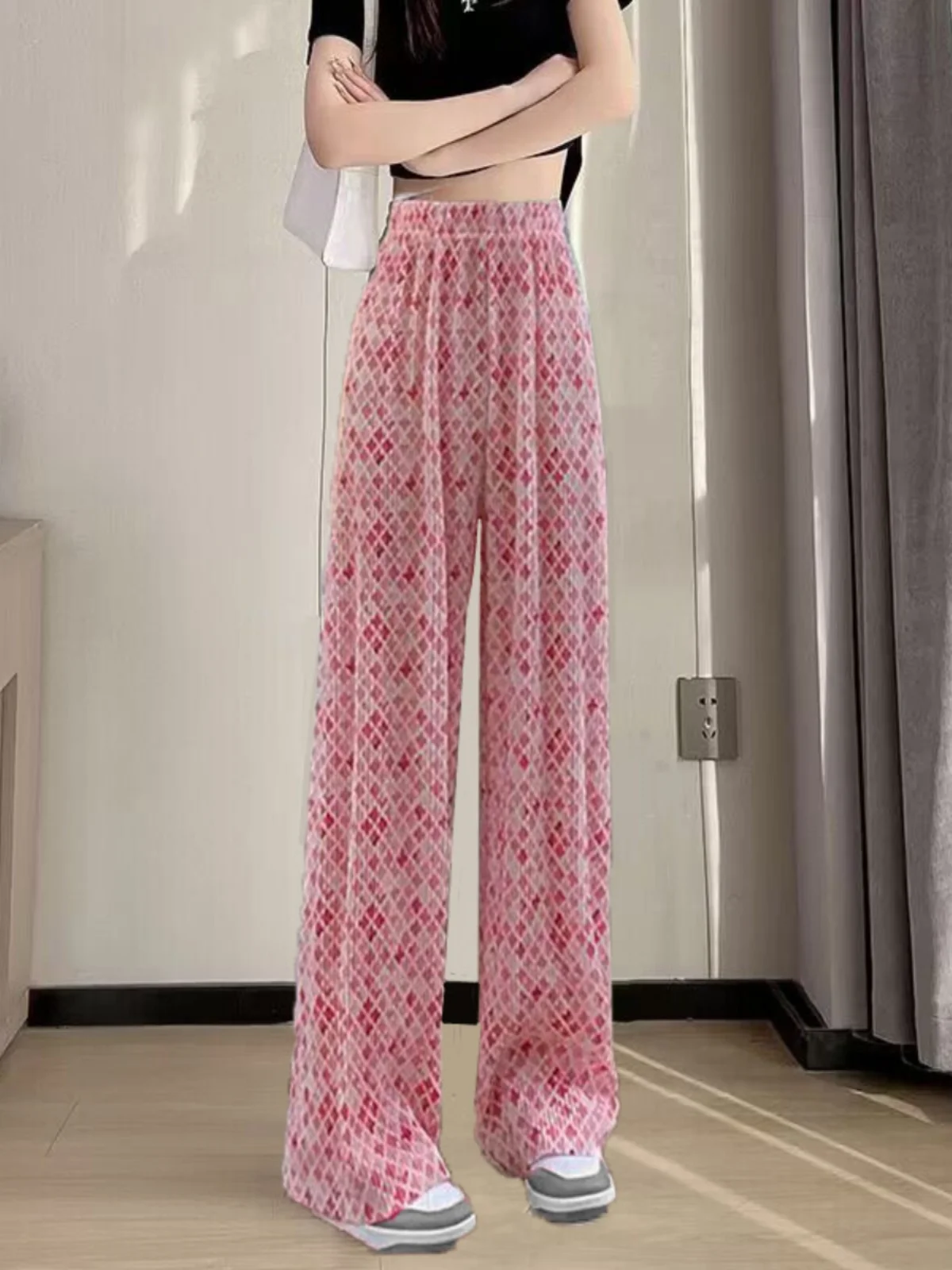 

Широкие брюки из ледяного шелка, женские летние тонкие драпированные брюки с высокой талией, тонкие прямые повседневные брюки, студенческие утепленные брюки с девятью точками