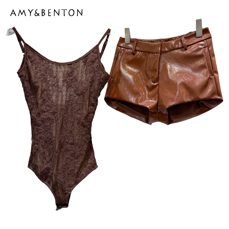 

2026 Spring New Sexy U-Back Women's Jumpsuit Tank Top American Retro Design Sweet Cool PU Leather Shorts Two-Piece Sets Ladies