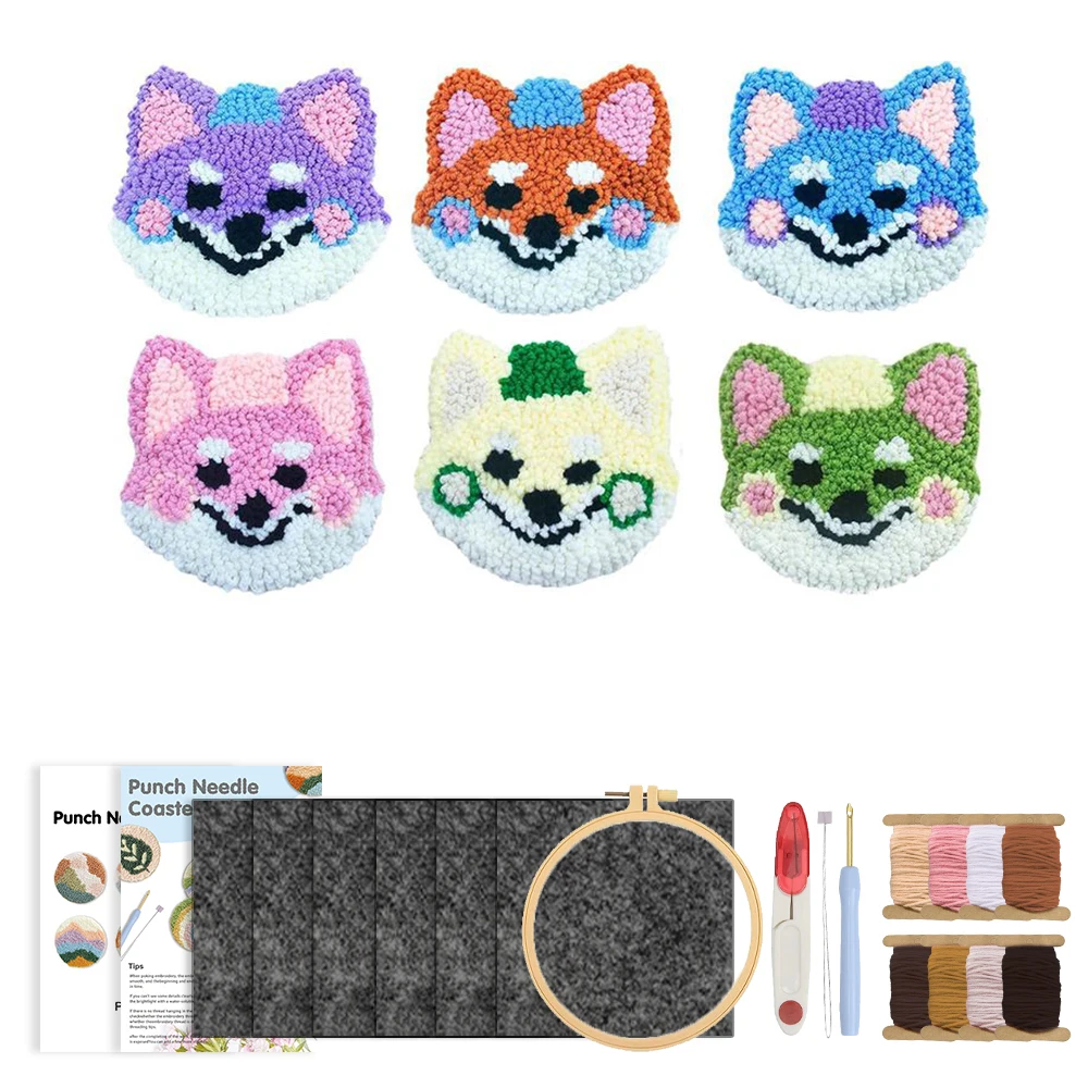 

6pcs Fox Punch Needle Coasters Kit Easy Wool Poke Magic Needle Embroidery Set Making Tufted Mug Rug Pads Coaster for Adult