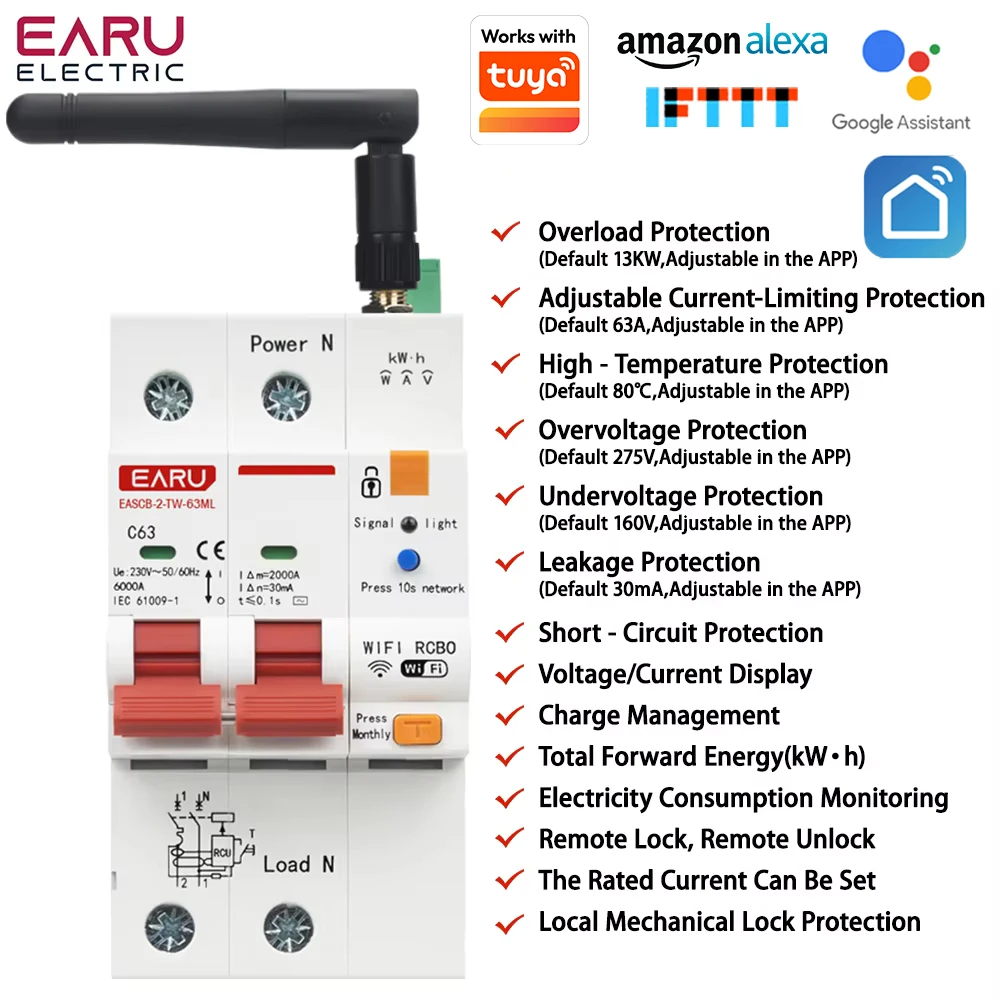 Tuya Smart WiFi+RS485 Metering Leakage Circuit Breaker MCB RCBO AC230V Remote Control Circuit Breaker With Leakage Protection