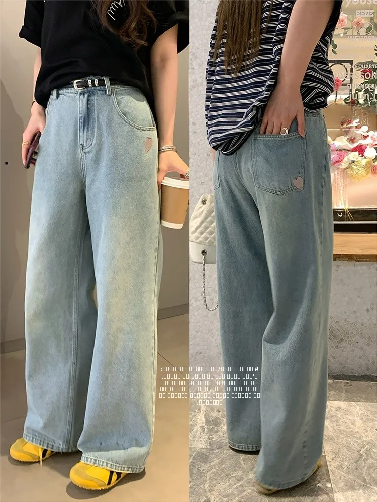 

Джинсы с высокой талией, вышивкой и прямым кроем, больших размеров, винтажные широкие брюки с дизайном в виде сердца, повседневные, удобные, длинные брюки