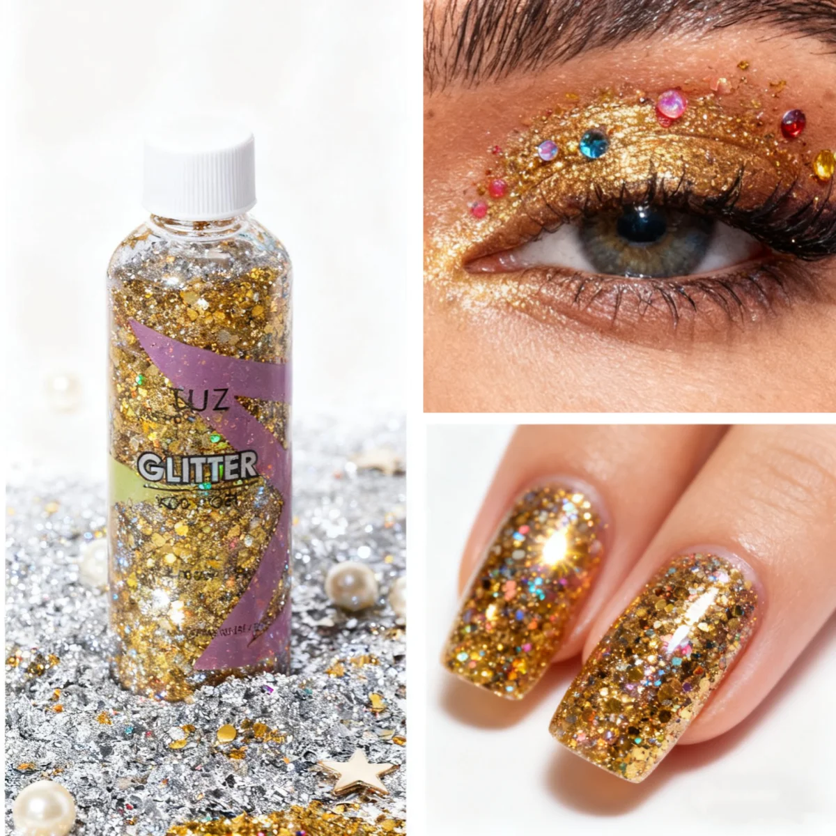 Gel glitter impermeabile multiuso – Decorazione lucida per il corpo, il viso e i capelli, lucida e di lunga durata per il trucco di feste e festival