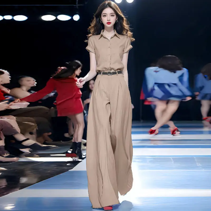 

2025 New Shirt Jumpsuit Women's Autumn Commuting High-End Feeling Socialite High Waist Wide Leg Hanging Suspender Pants Set XXL