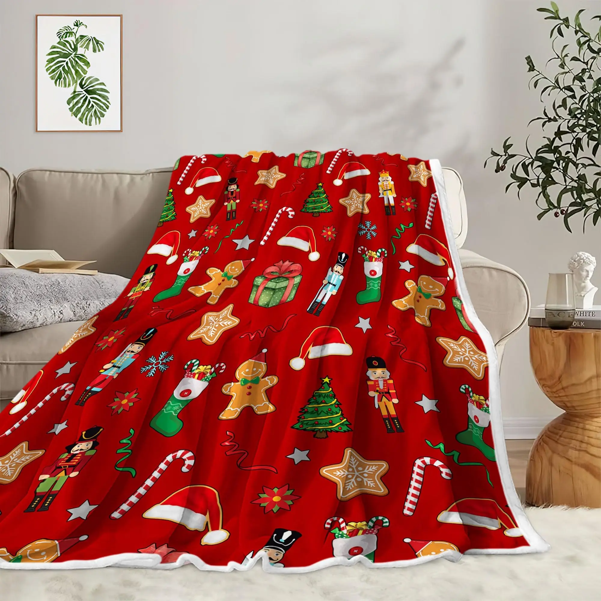 

Red Christmas sofa cover comfortable biscuit bell snowflake candy cane berry holiday Christmas hat flannel blanket