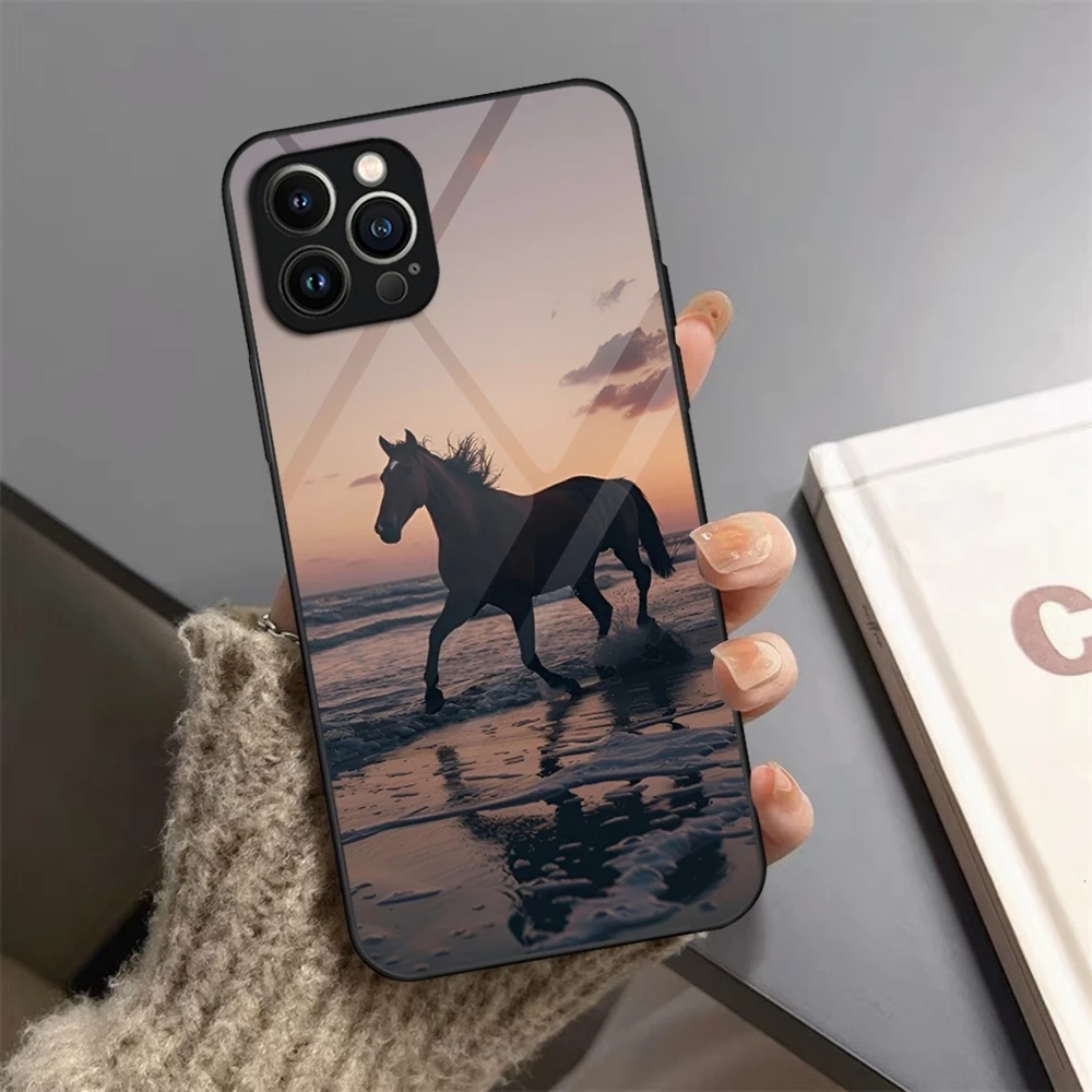 Animal Galloping Horse Phone Case Tempered Glass For iPhone 13 14 16 12 15 11 Pro XS Max Plus Mini X XR SE2020 Coque