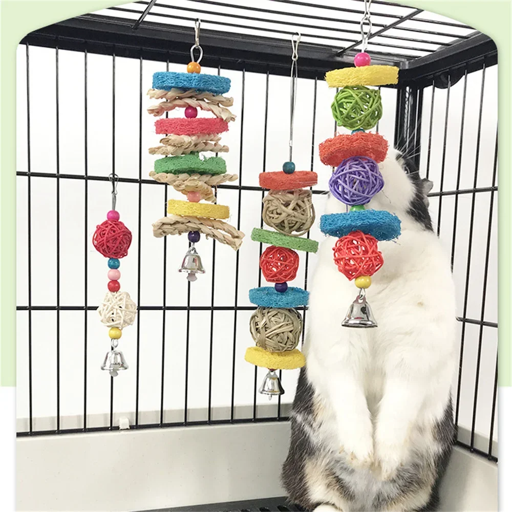 Rabbit Hamster Chewing Toy Hanging Bells Rattan Balls Molars Toy Pet Chinchilla Guinea Pig Bird Parrots Parakeet Birdcage Decor