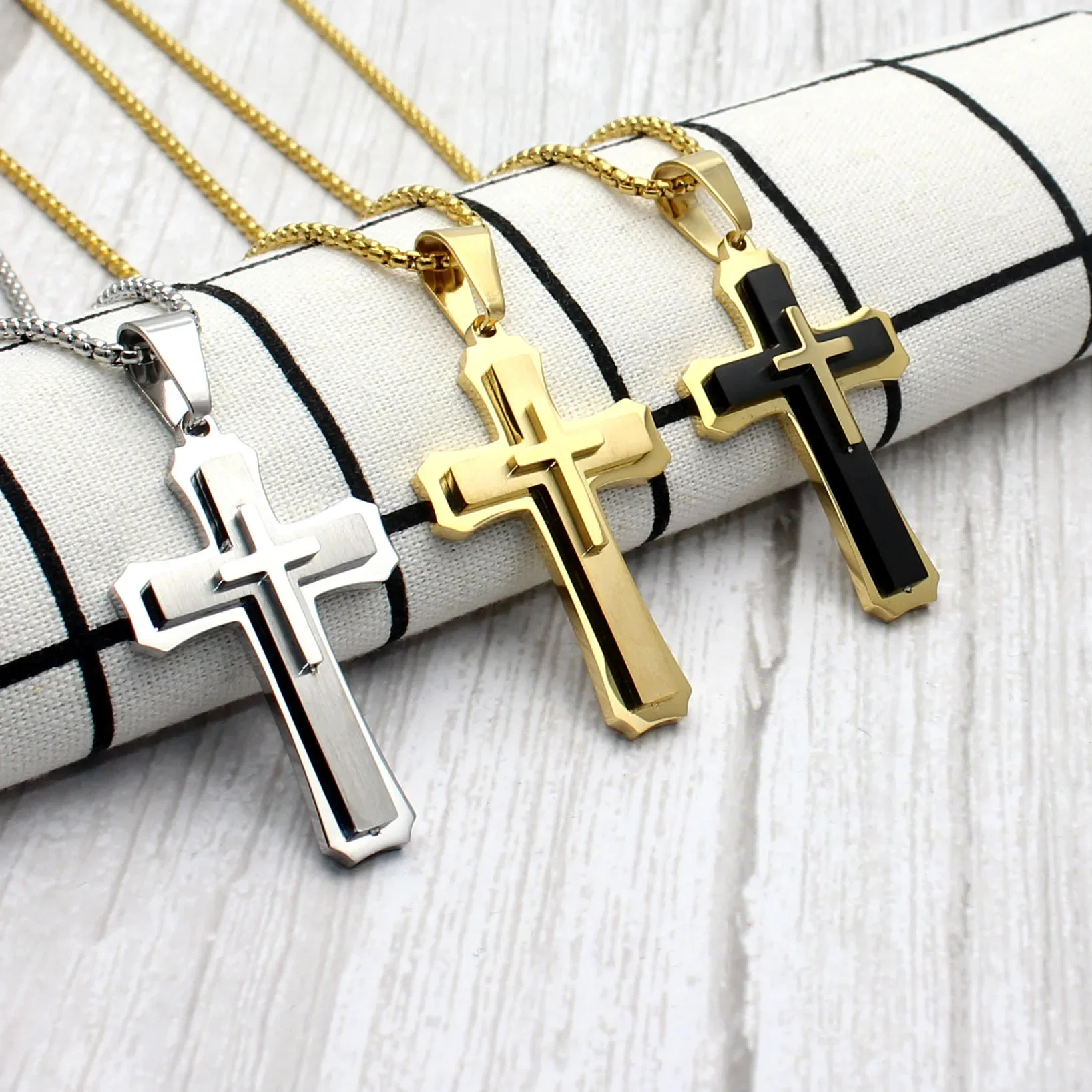 60cm Men Christian Cross Necklace Pendants Fashion Jewelry Stainless Steel Black Gold Color Dropship