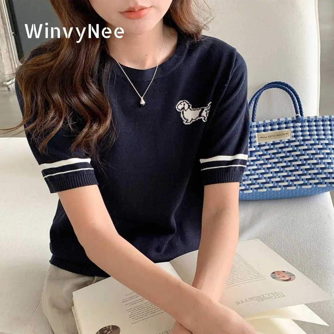 

WinvyNee Spring Summer Women‘s 100% Cotton T-shirts Half Sleeve Top Y2k O Neck Dog Casual Pullover Basic Clothing Top A1522080