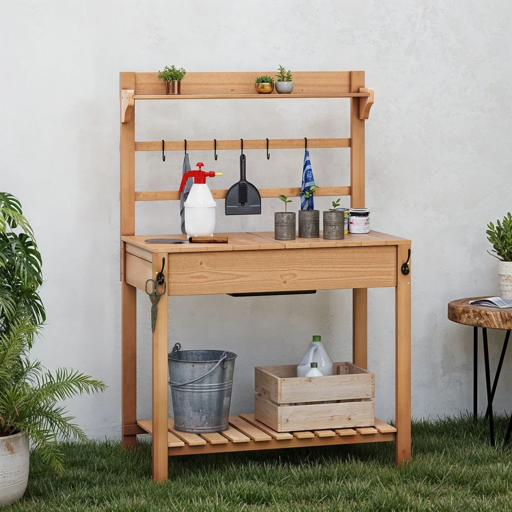 

Outdoor Wood Gardening Workstation with Sliding Tabletop Hooks Detachable Planting Zone Abundant Storage Weatherproof Durable