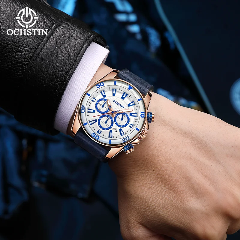 OCHSTIN Navigator Series Genuine Leather Strap Men's Quartz Watches Man Luminous Hand Wristwatch Waterproof Clock Luxury Watch