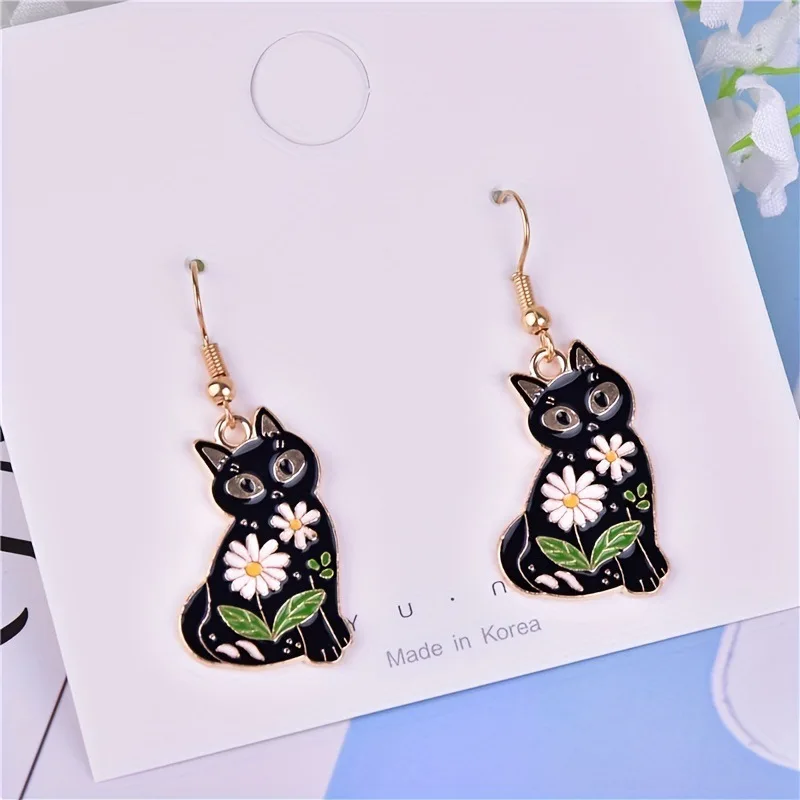 Cute Daisy Cat Earring Fashion Cartoon Kitten Dangle Earrings for Women Enamel Drop Animal Trendy Jewelry Girl Gift Black New