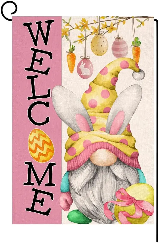 Easter Gnome Garden Flag 12x18 Vertical Double Sided Welcome Spring Easter Eggs Farmhouse Holiday Outside Decorations Burlap Yar