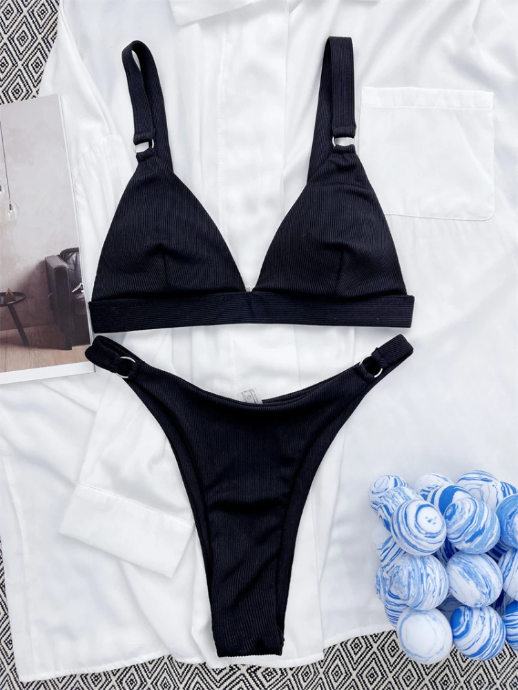 

Fashionable and sexy solid color ribbed bikini two-piece swimsuit