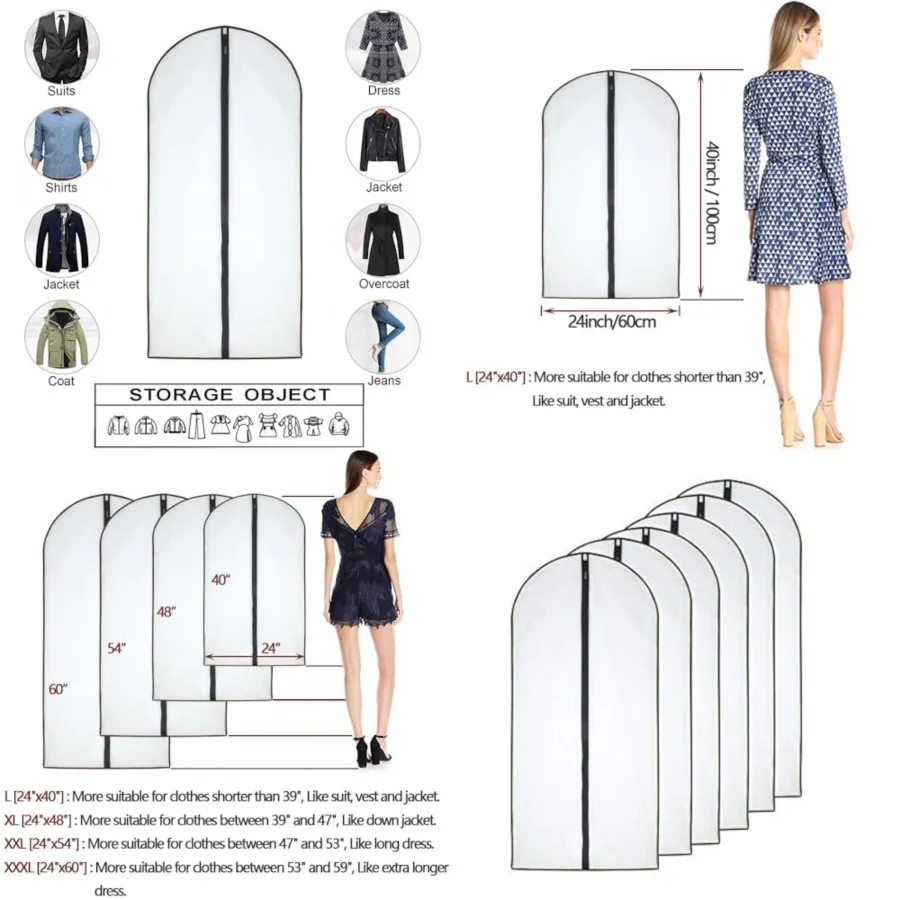 

Garment Bag Set of 6 Plastic Garment Bags with Zipper Hanging Clothes Cover Dress Bag for Suits, Coats Closet ( 40'', Black