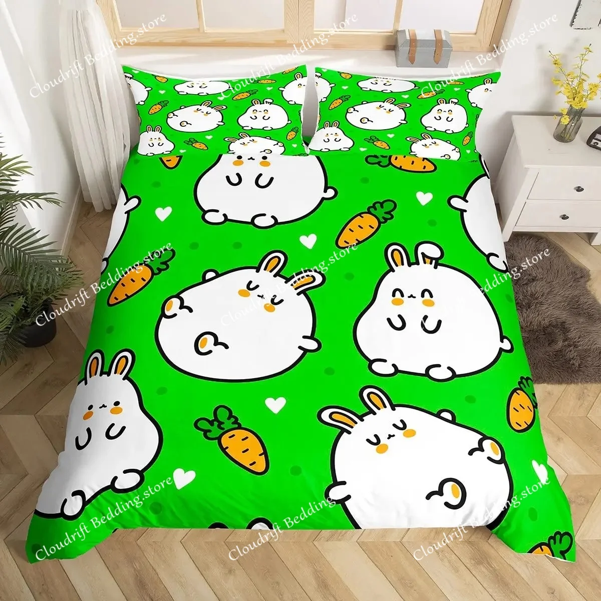 Cute Easter Rabbit Duvet Cover Twin Queen Cartoon Bunny Bedding Set Kawaii Animal Comforter Cover Spring Flowers Bedspread Cover