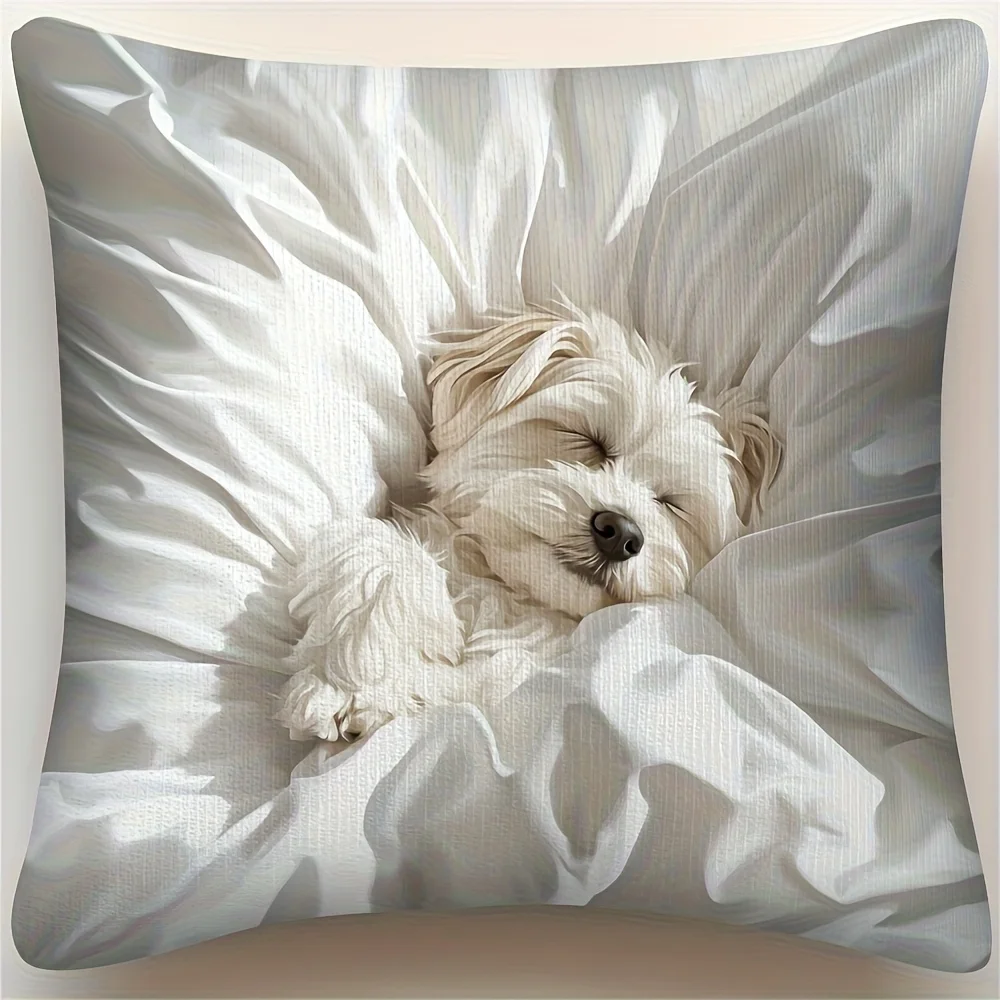 1pc Sleeping Bichon Frise Printed Throw Pillow Cover, Suitable for Sofa,Bedroom,Living Room, a Heartwarming Gift for Dog Lovers.